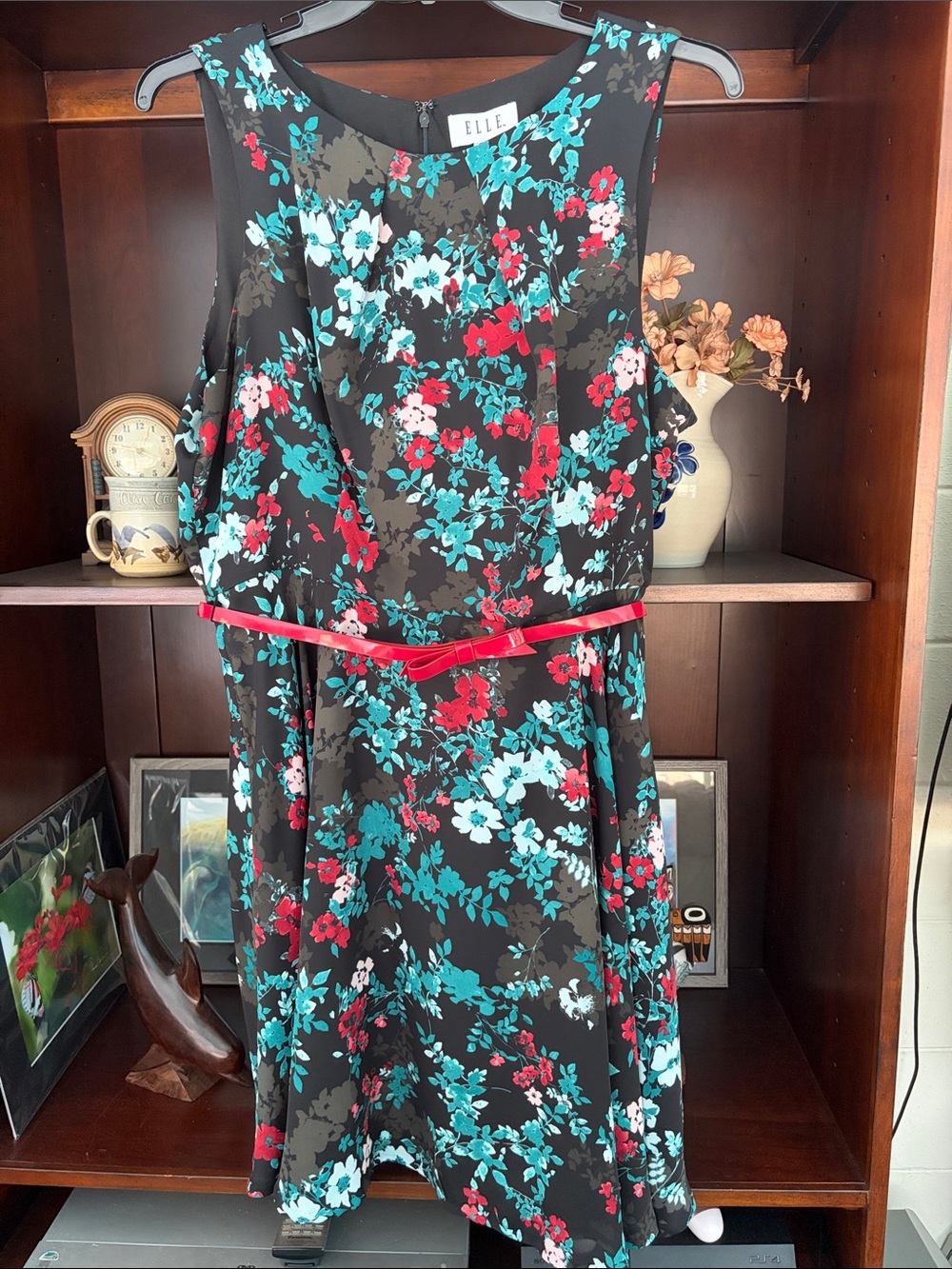 ELLE Black Floral Mini Dress with Teal and Red Accents